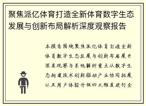 聚焦派亿体育打造全新体育数字生态发展与创新布局解析深度观察报告