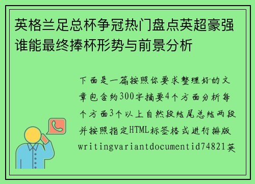 英格兰足总杯争冠热门盘点英超豪强谁能最终捧杯形势与前景分析